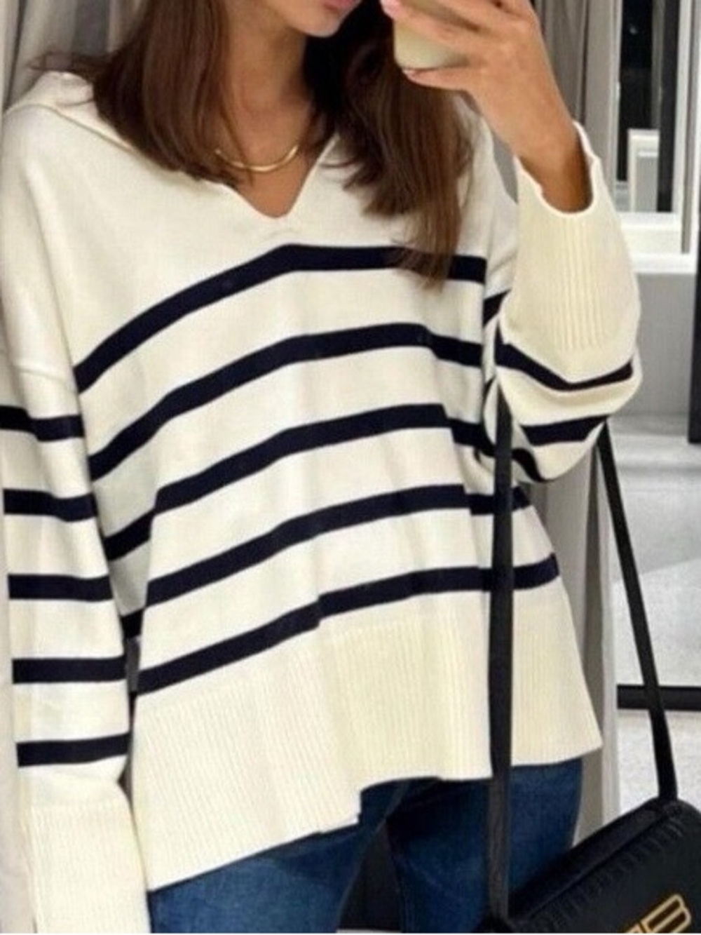 ZARA | knit v neck striped sweater | size large